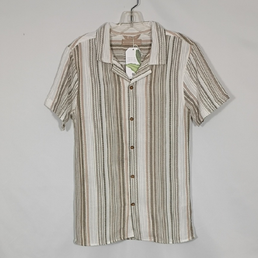 NWT Distortion Olive Textured Multi Color Striped Short Sleeve Woven Shirt Sz Sm